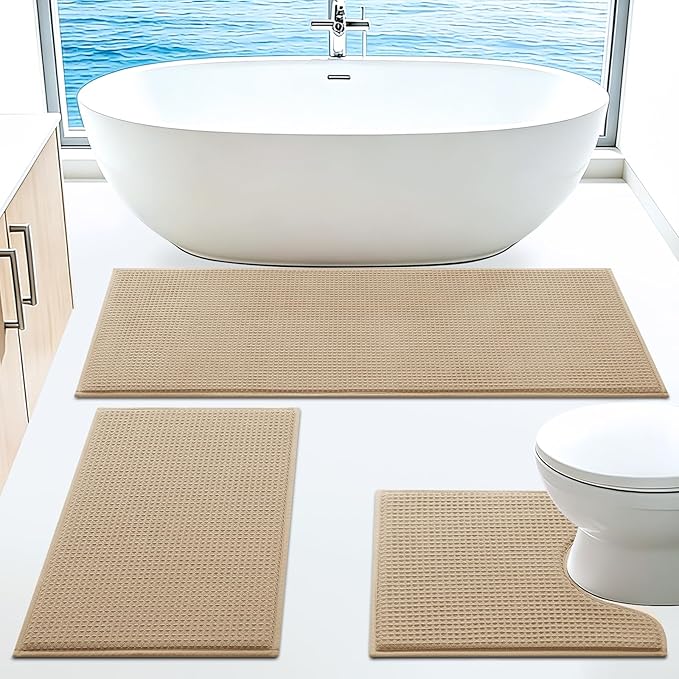 ACCUMTEK Memory Foam Bath Mat Set 3 Piece, Ultra Soft Absorbent Waffle Bathroom Rugs, Super Non-Slip PVC Backing Bath Rug Quick Dry, Machine Washable Rug for Tub, Shower, Home Decor Accessory, Beige