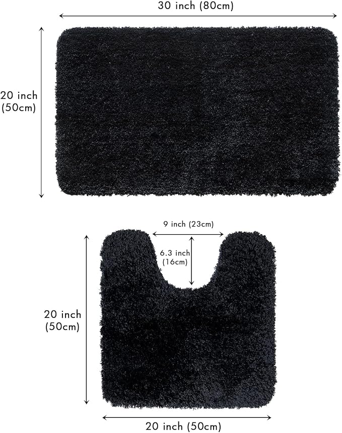 MIULEE Black Bathroom Rugs Set 2 Piece Soft Bath Mats 20x20+20x32 Inch | Absorbent Microfiber Bath Mat and U-Shaped Toilet Rug, Non Slip, Quick Dry, for Bathroom Floor Tub Showers, Machine Washable
