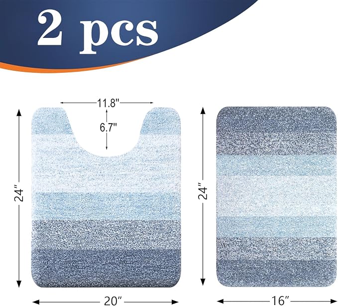 OLANLY Micorfiber Bathroom Rug Set 2 Piece, 24"x16"+U-Shaped 24"x20" | Blue, Soft Absorbent Bath Mats and Contour Toilet Rug, Non-Slip, Machine Wash Dry, Plush Shaggy Bath Mats for Bathroom