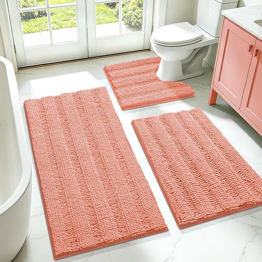 ACCUMTEK Striped Coral Bathroom Rug Set 3 Pieces Ultra Soft, Non Slip Chenille Toilet Mat, Absorbent Plush Shaggy Bath Mats for Bathroom, Bedroom, Kitchen