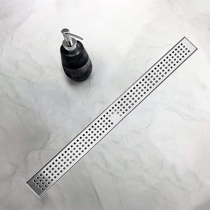 Shower Drain, Linear Shower Drain 24 Inch(Brushed Nickel),Modern 304 Stainless Steel Shower Floor Drain with Grate Removable, Adjustable Leveling Feet, Rectangular Shower Drain