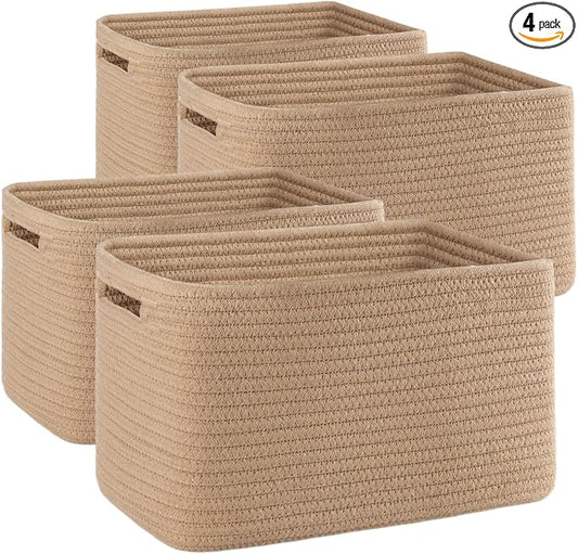 4 Pack Storage Baskets for Organizing, Woven Baskets for Shelves - Perfect for Toys, Books, Towels, and Clothes, Durable Gift Basket Bins Toy Storage, 12.7''L x9''W x7.8''H, Jute