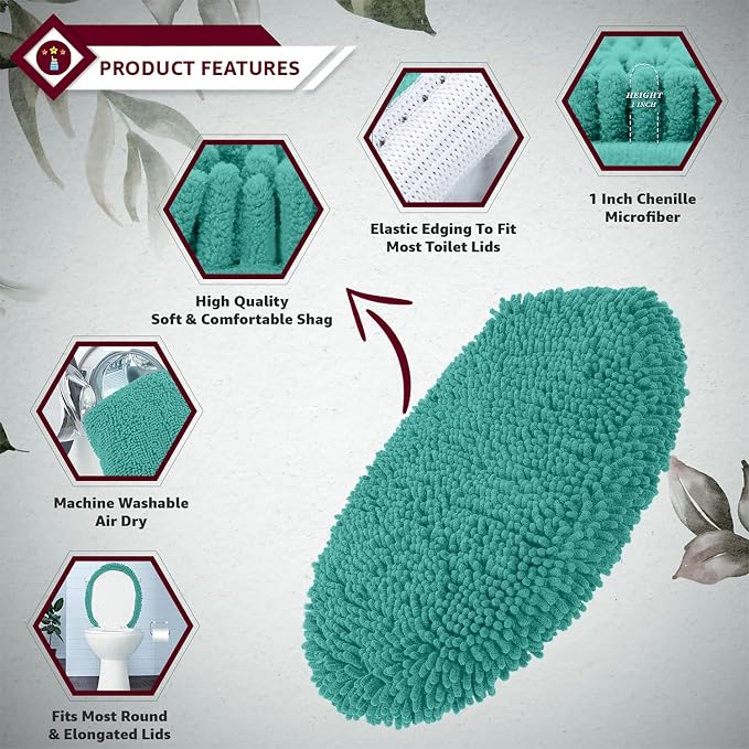 LuxUrux Toilet Lid Cover with Stretch Fit Elastic Band – Chenille Microfiber Toilet Seat Non-Slip Cover for Bathroom – Soft Plush, Machine Wash And Dry, Comfort & Clean Look (18 x 21'', Turquoise)