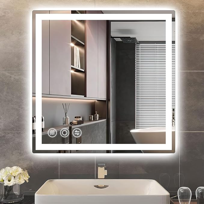 Memobarco 24" x 24" LED Bathroom Mirror with Lights, Memory Vanity Mirror | Anti-Fog, 3 Color Modes, Dimmable, Front Lit, Memory Function, Tempered Glass, Lighted Bathroom Mirror for Wall