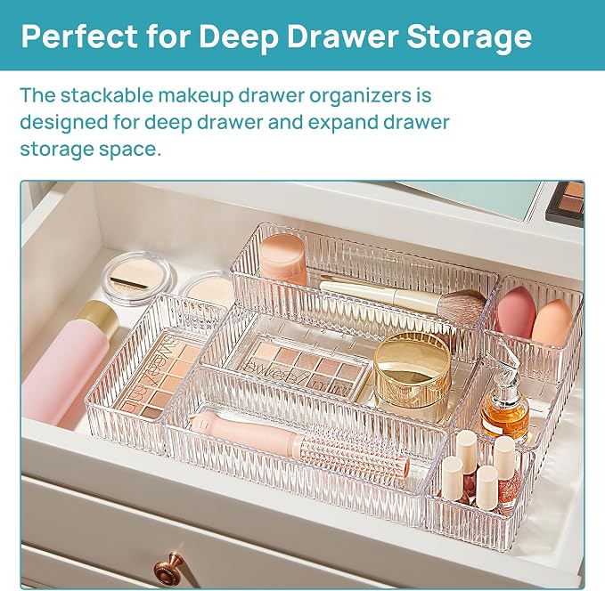 Vtopmart 7 PCS Clear Makeup Drawer Organizers Bins, 4-Size Stackable Makeup and Vanity Organizer Trays, Acrylic Bathroom Storage Containers for Cosmetic, Toiletries, Office Supply, Utensils, Gadgets