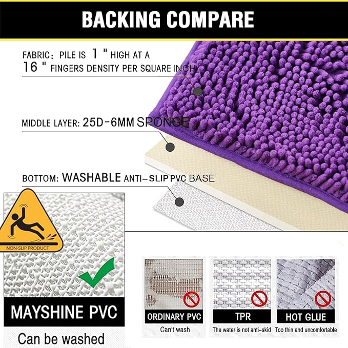 BOANKODU Bathroom Rug Set, 2 Piece Chenille Bath Mat, Non-Slip, 32x20 Inch + 20x20 Inch U Shape, Machine Washable (Violet)