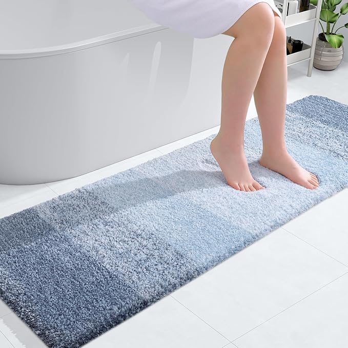 OLANLY Bathroom Runner Rug 59x17, Extra Soft Absorbent Microfiber Bath Rugs | Blue, Non-Slip Quick-Drying Rubber Backing, Machine Washable Long Bath Mat for Floor, Tub and Shower, Home Decor Accessories