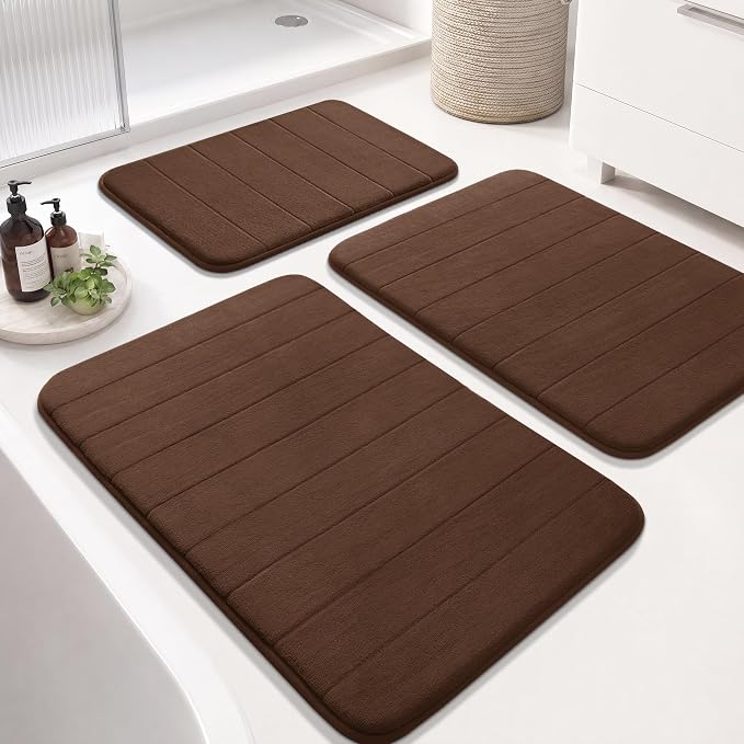 Yimobra Memory Foam Bath Mat Set 3 Pieces- Super Soft Absorbent Quick Dry Bathroom Rug Sets, Machine Washable Non Slip Floor Carpet for Tub Shower, Vanity & Toilet Base, Brown
