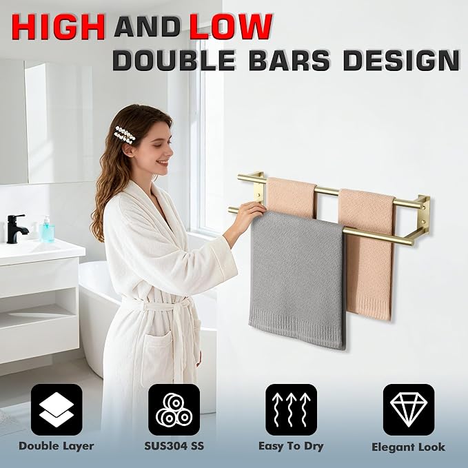 Alise Double Towel Bars for Bathroom Wall Mounted,24 InchSUS304 Stainless Steel Bathroom Towel Holder,Towel Hanger Towel Racks for Bathroom,Brushed Gold Towel Rod
