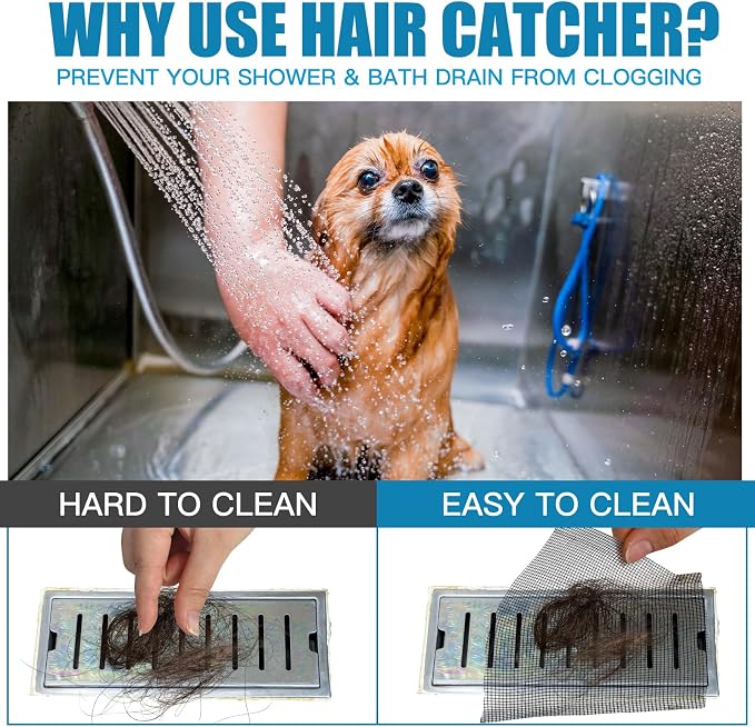 2 Pack Linear Shower Drain Hair Catcher Mesh Stickers Cutable | 4x33ft Disposable Adhesive Mesh Cover for Bathroom Kitchen Bathtub Floor Drains, DIY Install, Includes 2 Removal Tools