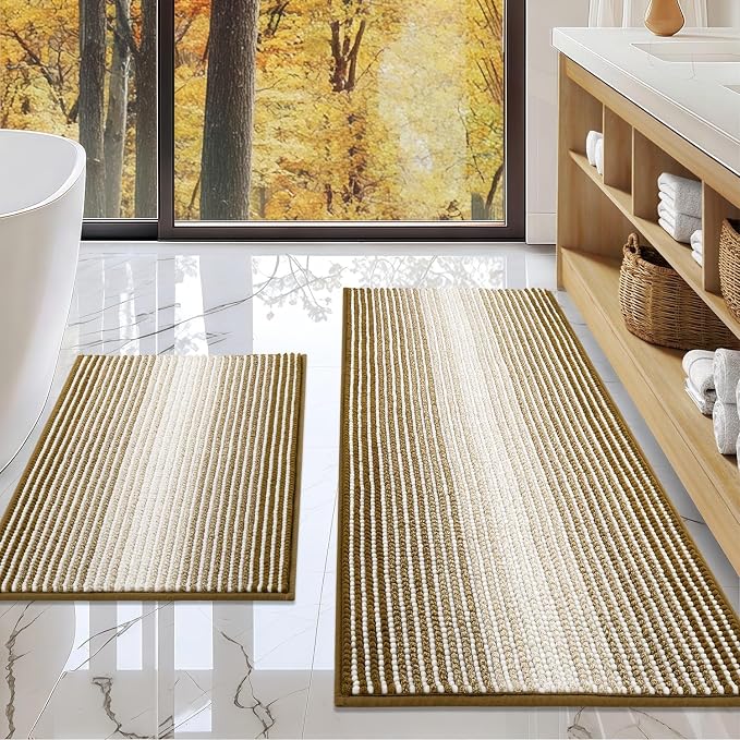 BSICPRO Bathroom Rugs Sets 2 Piece, Non Slip Boho Bath Mats, Petrified Oak | 20"x47" Plus 16"x24", Soft Absorbent Striped Chenille, Quick Dry Machine Washable, Shower Rug for Bathroom Bedroom Décor