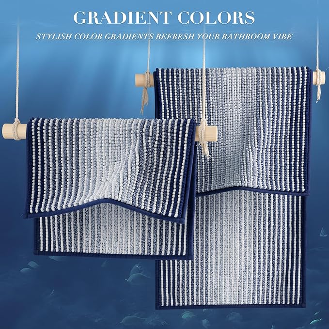 Bathroom Rugs Sets 2 Piece, Non Slip Striped Bath Mats, Navy | 20"x47" Plus 16"x24", Soft Absorbent Chenille, Quick Dry Machine Washable, Shower Rug for Bathroom Floor, Tub, Bedroom Decor