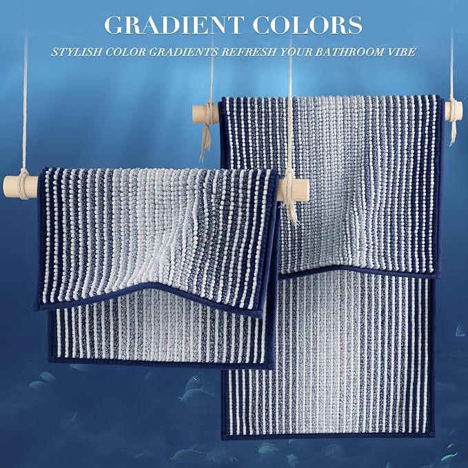 BSICPRO Bathroom Rugs Sets 2 Piece, Non Slip Striped Bath Mats, Navy | 20"x60" Plus 20"x32", Soft Absorbent Chenille, Quick Dry Machine Washable, Shower Rug for Bathroom Floor, Tub, Bedroom Decor