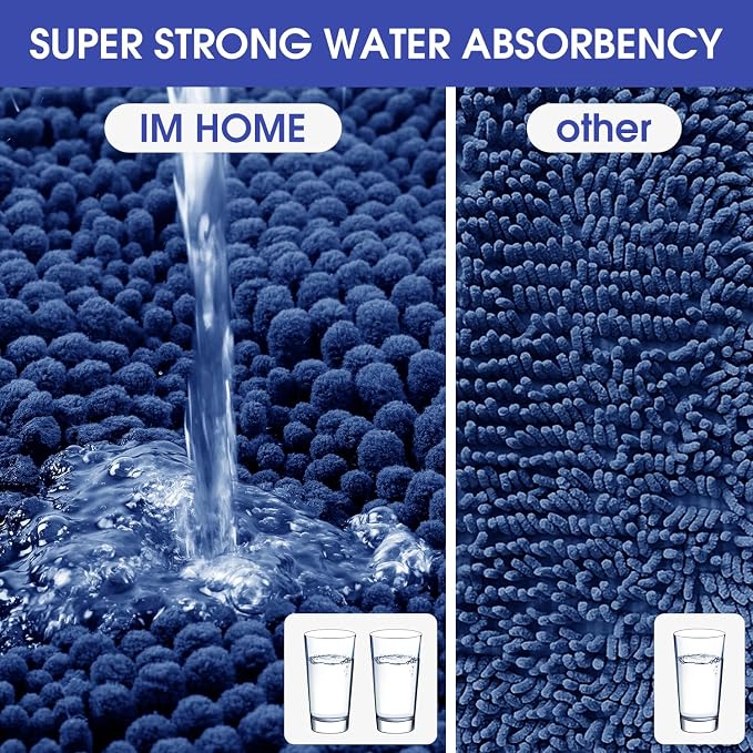 ACCUMTEK Extra Long Striped Denim Blue Bathroom Rug Mat 70"x24" Ultra Soft, Non Slip Chenille Bath Rugs, Absorbent Plush Shaggy Bath Mats for Bathroom, Bedroom, Kitchen, Shower, Tub