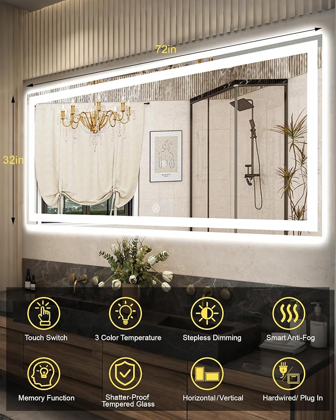 72x32 LED Bathroom Mirror, 6000LM, Separate Front and Back Lights | Shatter-Resistant Tempered Glass,Auto-Off Defogger,3 Color Modes,Smooth Dimming,Smart Memory Setting