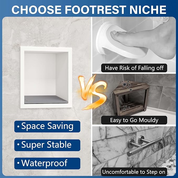 Neodrain Shower Foot Rest for Shaving Legs, 304 Stainless Steel Shower Niche, Recessed Shower Step for Shaving Legs,Niche for Shower Wall, Bathroom Foot Rest (White, 6.7" x 6")
