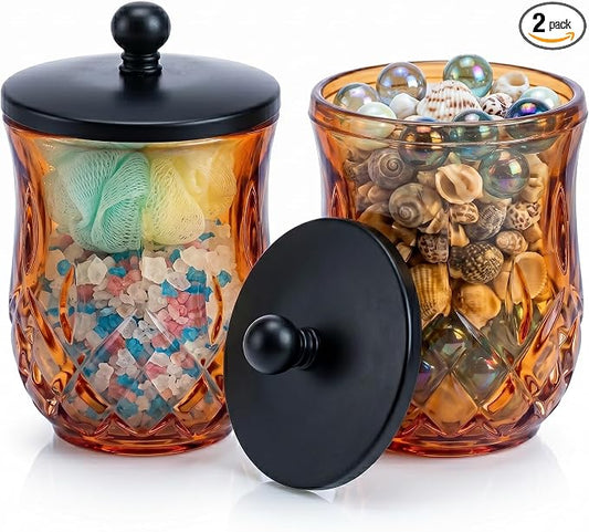 2 Pack Glass Qtip Holder Dispenser Set,Round Bathroom Apothecary Jars with Matte Black Lid for Cotton Swabs, Balls, Pads, Floss Picks, Vanity Storage Container for Makeup, Candy, Jewelry(10 Oz, Amber)