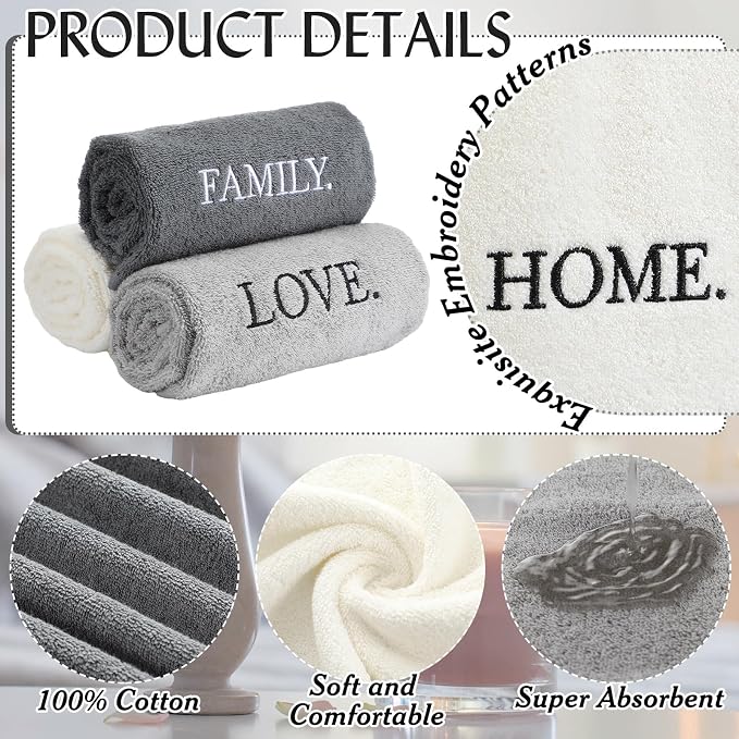 3 Pcs Hand Towels Bathroom Set,Gray,Home Love Family | Embroidered Cotton Farmhouse Towels, Kitchen Decor, Rustic Boho Decorative with Text Labels, Guest Bath Home