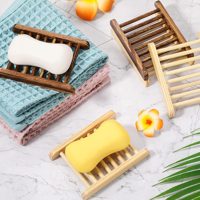 Honeydak 30 Pcs Bamboo Wood Soap Holder Wooden Soap Dish Tray Bathroom Wooden Sponge Case Handmade Bathtub Shower Dish Accessories for Home Sponge Scrubber(Natural Color, Charcoal)