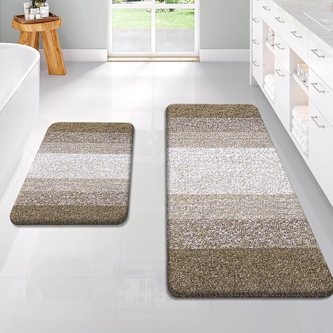 OLANLY Micorfiber Bathroom Rug Set 2 Piece, 47"x20"+24"x16" | Coffe, Soft Absorbent Bath Rug Set, Non-Slip, Machine Wash Dry, Plush Shaggy Bath Mats for Bathroom