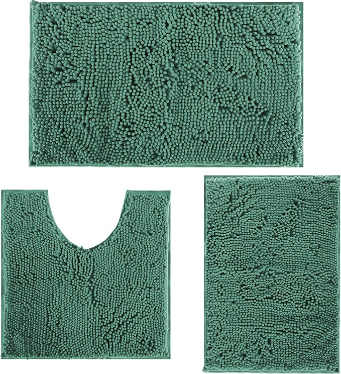 RUN HELIX Dark Green Bath Rugs Set 3 Piece Bathroom Rug Non-Slip Bath Mats, Absorbent Shaggy Rugs, Machine Wash, Perfect Plush Bathroom Mats