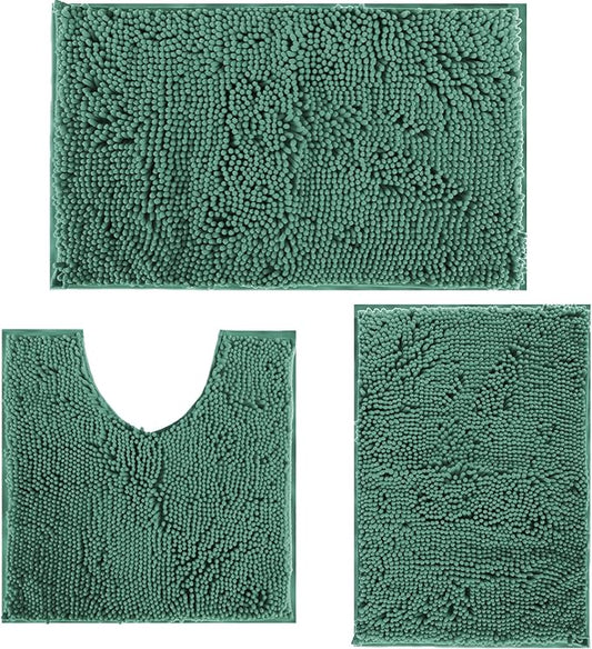 RUN HELIX Dark Green Bath Rugs Set 3 Piece Bathroom Rug Non-Slip Bath Mats, Absorbent Shaggy Rugs, Machine Wash, Perfect Plush Bathroom Mats