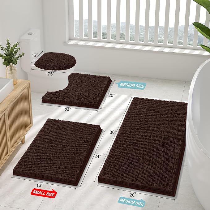 Smiry Chenille Bathroom Rugs Sets 2 Piece (24x16+ U Shape 24x20, Brown) | Soft Absorbent Machine Washable Non Slip Shaggy Bath Rug Set for Tub, Shower, and Floor, Home Decor