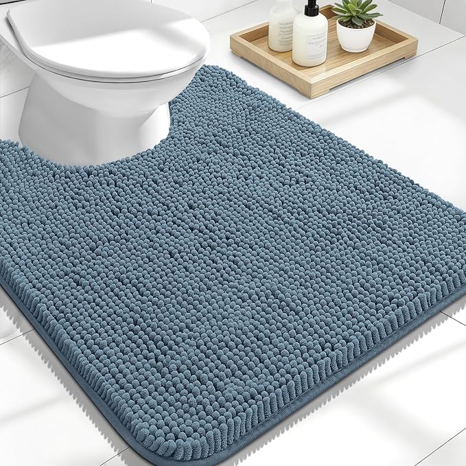 OLANLY Toilet Rugs U-Shaped 24x20, Soft Absorbent Chenille Contour Rugs | Airy Blue, Quick-Drying Rubber Backing, Machine Washable Non-Slip Shaggy Bathroom Mat for Toilet, Home Decor Accessories