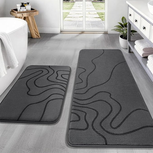 YIHOUSE Memory Foam Bathroom Rugs Sets 2 Piece, 17"x24"+20"x46", Dark Grey | Ultra Soft, Extra Thick Bath Mat, Absorbent, Non-Slip, Machine Washable, For Tub, Shower & Home Decor Accessories