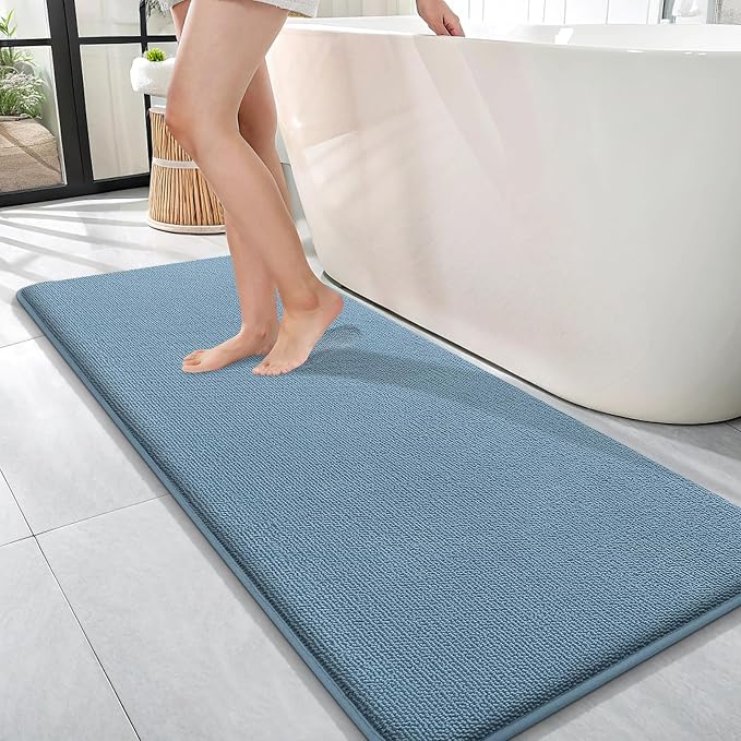 OLANLY Memory Foam Bathroom Runner Rug 47x17, Absorbent Long Mat, Airy Blue | Soft Quick Dry Bath Rugs, Non-Slip Carpet, Machine Washable Mat for Bathroom Floor, Tub and Shower, Home Decor Accessories
