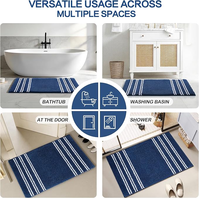 Kmson Bathroom Rugs Mat, 20"x32" Ultra Soft Washable Shaggy Chenille Bath Rugs, Non-Slip Fluffy Thick Water Absorbent Microfiber Mat for Bathtub, Sink and Shower, Navy Blue