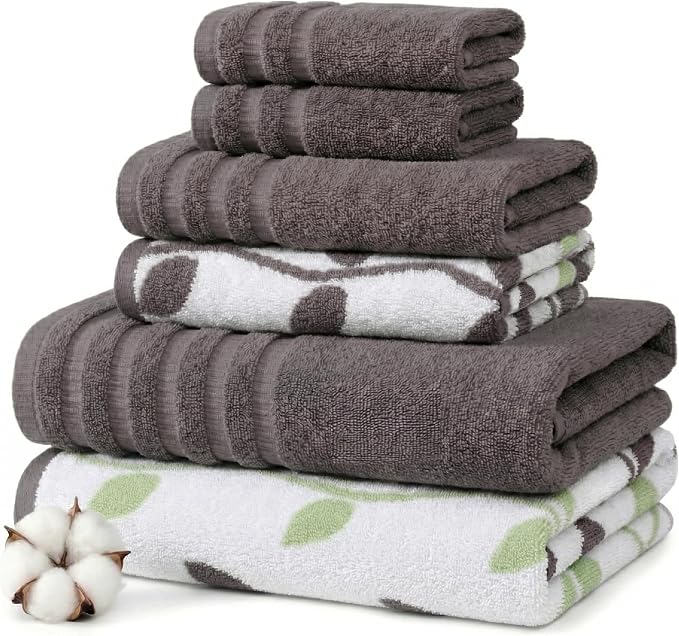 Modern Threads 6 Piece Bath Towel Set – Bathroom Set with 2 Bath Towels, 2 Hand Towels, and 2 Wash Cloths – 100% Cotton, Super Absorbent & Extra Soft – Reversible Natural Vine (Gray)
