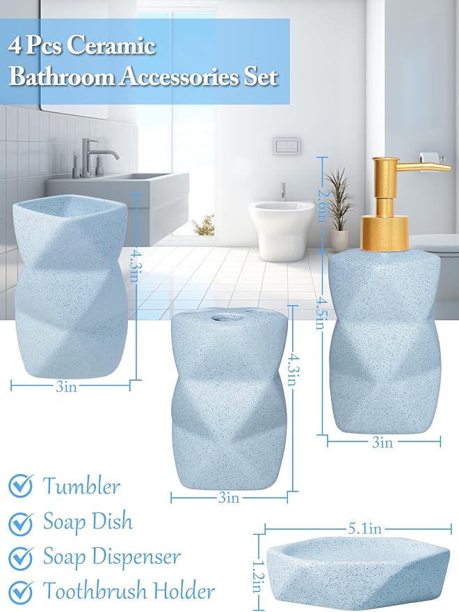 Bathroom Accessories Set - 4-Piece Ceramic Bathroom Set | Soap Dispenser, Toothbrush Holder, Tumbler, Soap Dish, Modern Blue Home Decor, Gift Idea for Housewarming