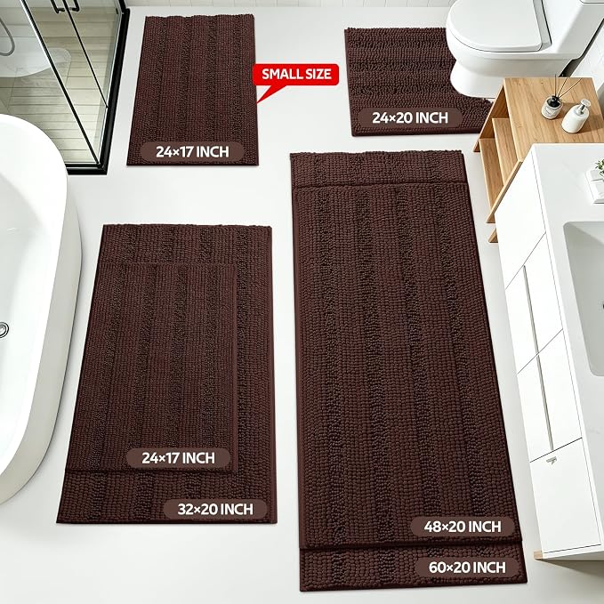 ACCUMTEK Striped Brown Bathroom Rug Set 3 Pieces Ultra Soft, Non Slip Chenille Toilet Mat, Absorbent Plush Shaggy Bath Mats for Bathroom, Bedroom, Kitchen