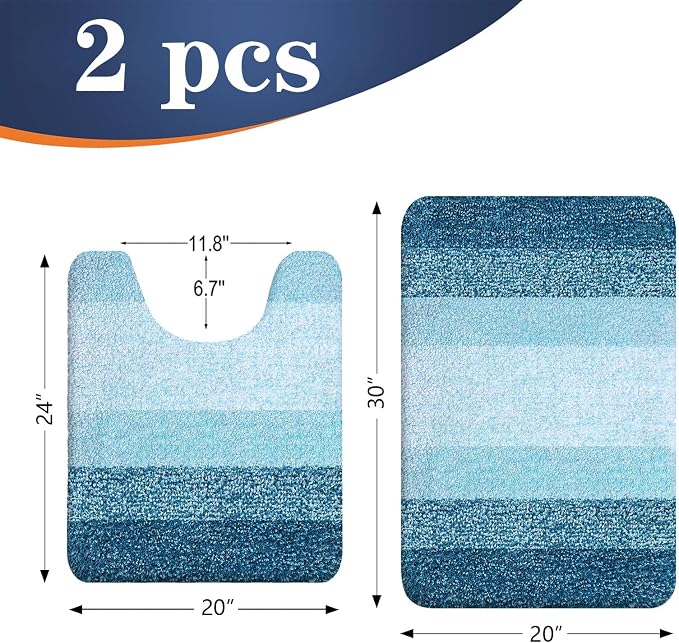 OLANLY Micorfiber Bathroom Rug Set 2 Piece, 30"x20"+U-Shaped 24"x20" | Peacock Blue, Soft Absorbent Bath Mats and Contour Toilet Rug, Non-Slip, Machine Wash Dry, Plush Shaggy Bath Mat for Bathroom