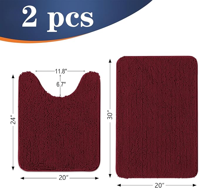 OLANLY Chenille Bathroom Rugs Mats Sets 2 Piece, 30"x20"+24"x20", Burgundy | Soft Absorbent Bath Mat and U-Shaped Contour Toilet Rug Set, Quick Dry, Machine Washable Bath Carpet, Home Decor Accessories