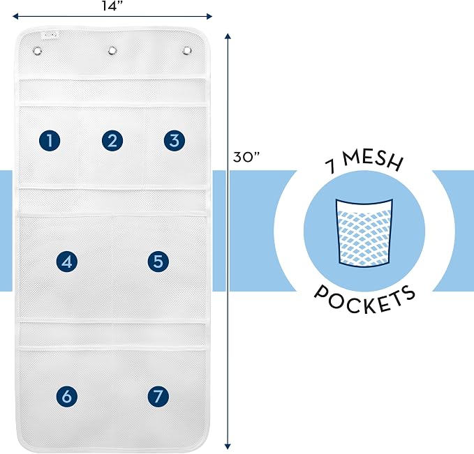 S&T INC. Shower Organizer and Caddy, 2 Pack, 14" x 30", White | Quick-Dry Mesh, 7 Pockets, Shower Caddy and Bathroom Organizer, Hangs on Existing Shower Curtain Hooks, Cruise Essential