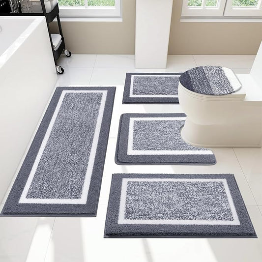 Pauwer Bathroom Rugs Set 5 Piece, Non Slip Microfiber Bath Mat, Dark Grey | Washable Bathroom Mat with U Shaped Toilet Rug, Long Shower Runner, Toilet Lid Cover, Quick Dry Absorbent Plush Floor Carpet