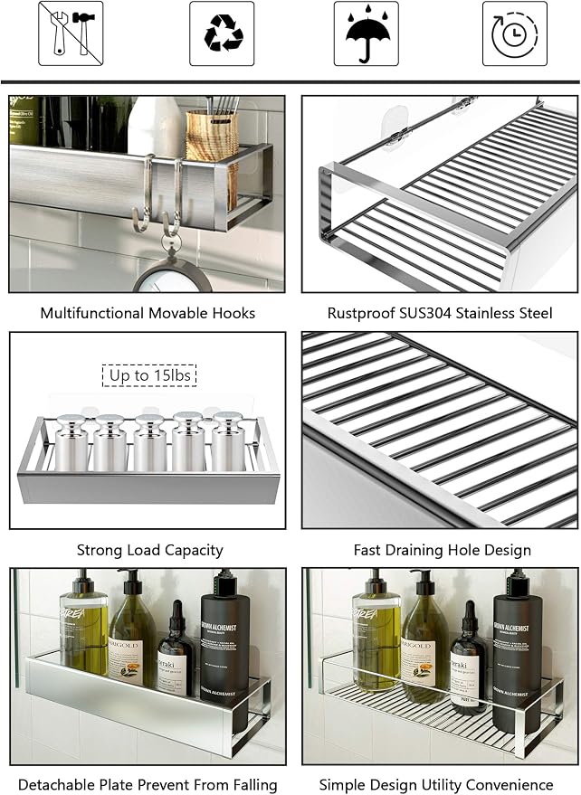 Bathroom Adhesive Shower Caddy Basket Shelf with Hooks, No Drilling Removable Bathroom Shelf Organizer,Stainless Steel Rustproof Shower Rack for Shampoo Storage, Sponge Holder-Silver