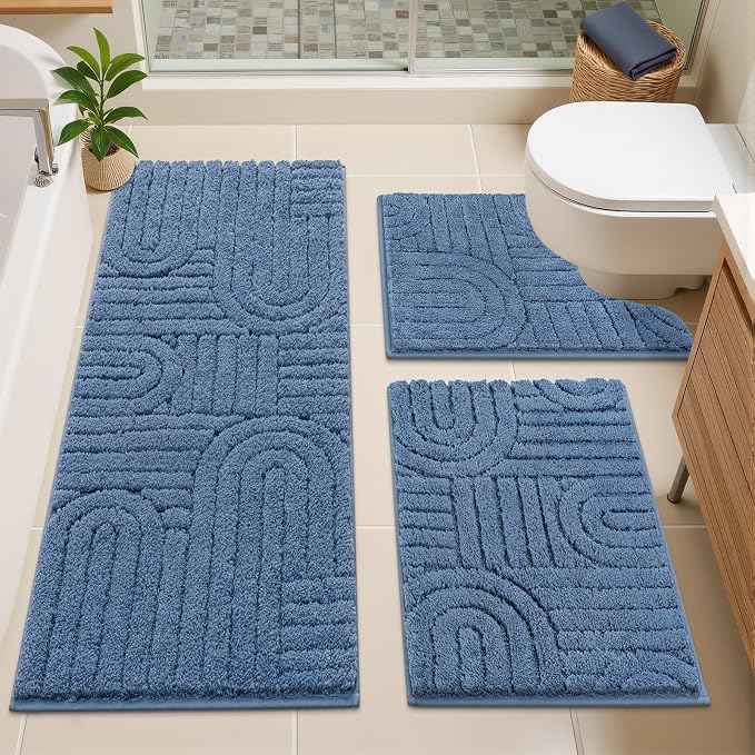 Vaukki Blue Bathroom Rugs Sets 3 Piece, 48x20+26x18+24x20 Inch | Washable Non Slip Soft Bath Mats for Shower and Tub, Plush Absorbent Microfiber Toilet Rug U Shaped