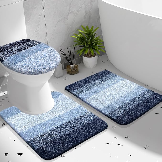 OLANLY Bathroom Rugs Sets 3 piece, Soft Microfiber Absorbent Bath Mat, U-Shaped Contour Toilet Mat and Toilet Lid Cover, Quick Dry, Machine Washable, Toilet Cover and Rug Set for Bathroom, Navy