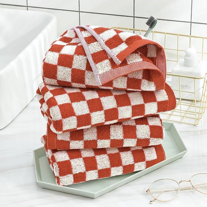 Checkered Hand Towel (13x29 Inches) - Kitchen Hand Towels Pack of 4, | Absorbent Cotton Rags for Bathroom Face Gym Fall Kitchen Towels