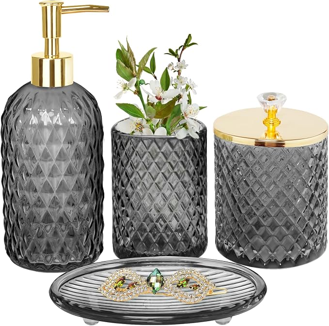 Haturi Glass Bathroom Accessories Set, Smoky Gray Bathroom Set, 4 Pcs | Kit w/ Bathroom Soap Dispenser Set, Toothbrush Holder, Qtip Holder, Vanity Tray, Gray Bathroom Decor, Gift for Home Apartment