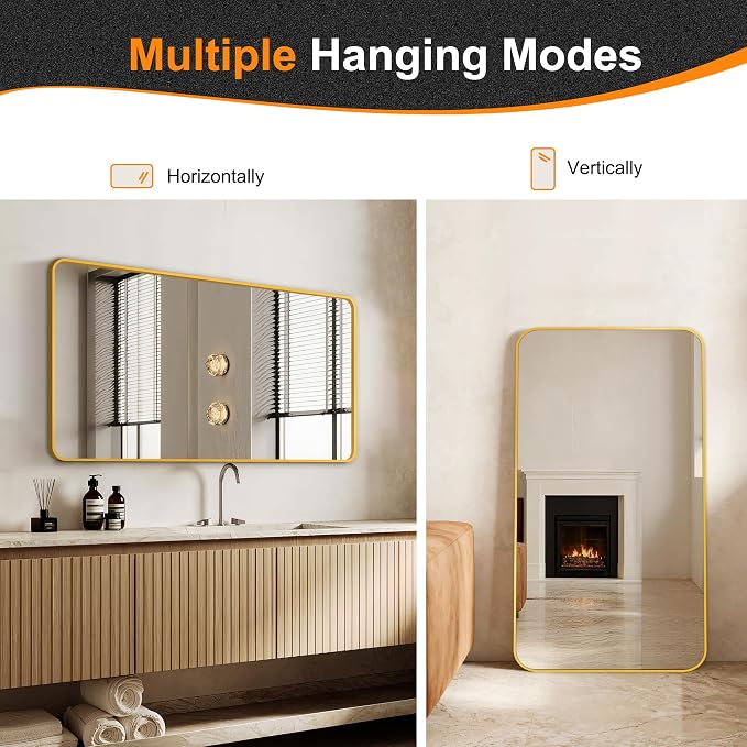 Delma Bathroom Vanity Mirror, Gold Framed Mirror for Over Sink, 50x30 | HD glass, distortion-free for makeup and grooming, Sturdy frame, all mounting hardware, hangs horizontal or vertical