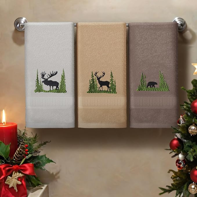 3 Pcs Farmhouse Cabin Bear Hand Towels Hand Towels for Bathroom | Embroidered Forest Moose Deer Design, 100% Cotton, Farmhouse Kitchen Holiday Decor, Absorbent Towels, Housewarming Gifts