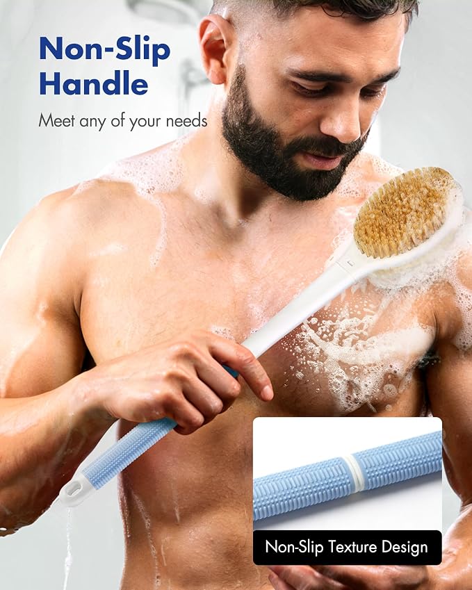 Back Scrubber Body Shower Brush: Anti Slip Long Handle Bath Brush with Stiff and Soft Bristles - Showering Exfoliator Wet or Dry Brushing for Women, Men, Elderly (Blue) (Pack of 2)