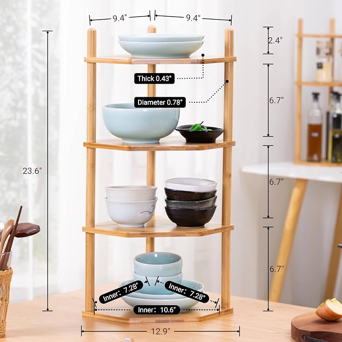 4-Tier Expandable Bamboo Corner Shelf - Dish/Plate Organizer for Cabinet, Kitchen Counter Shelf & Small Kitchen Shelf, Adjustable (Natural, 1-Pc 4-Tier)