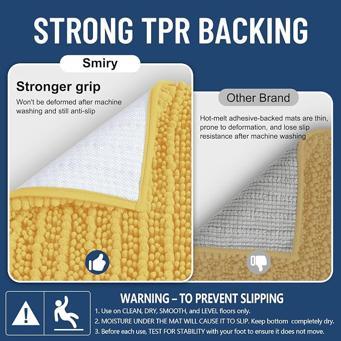 Smiry Bathroom Rugs 48X32, Extra Soft Rubber Backing Chenille Bath Mats | Yellow Machine Washable Non Slip Quick Dry Bath Mats for Bathroom Floor, Tub, Shower, Home Decor Accessories