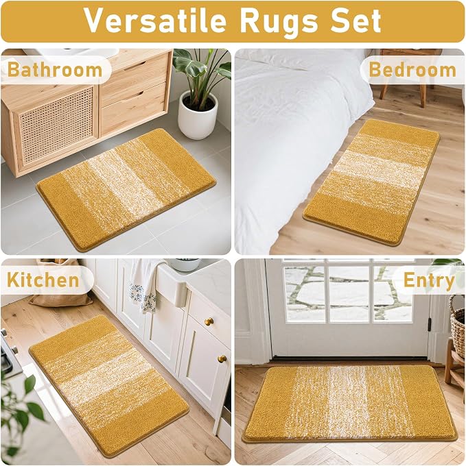 Bsmathom Bathroom Rug Set 4 Piece, Plush Microfiber Bath Mat, Mustard | Extra Water Absorbent, Non Slip Washable Runner Bath Rugs with Toilet Lid Cover and U-shaped Contour Toilet Mat