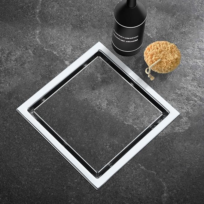 4-Inch Square Shower Drain, Brushed Nickel Floor Drain with Flange, 304 Stainless Steel Bathroom 2-in-1 Tile Drain